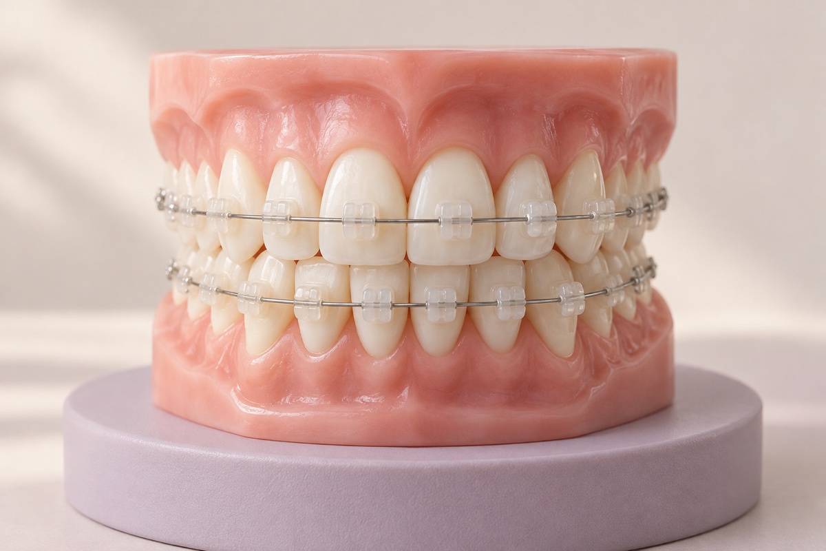 Dental model with ceramic braces.