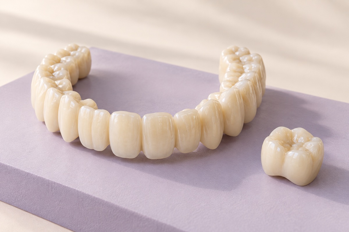 Full-arch prosthesis and dental crown.